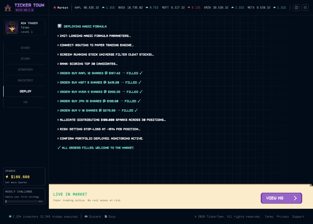 Deploying a strategy to paper trading: live orders fill with play money