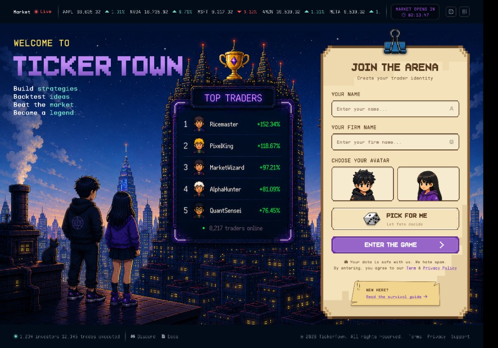 The TickerTown arena: a live Top Traders leaderboard where players compete